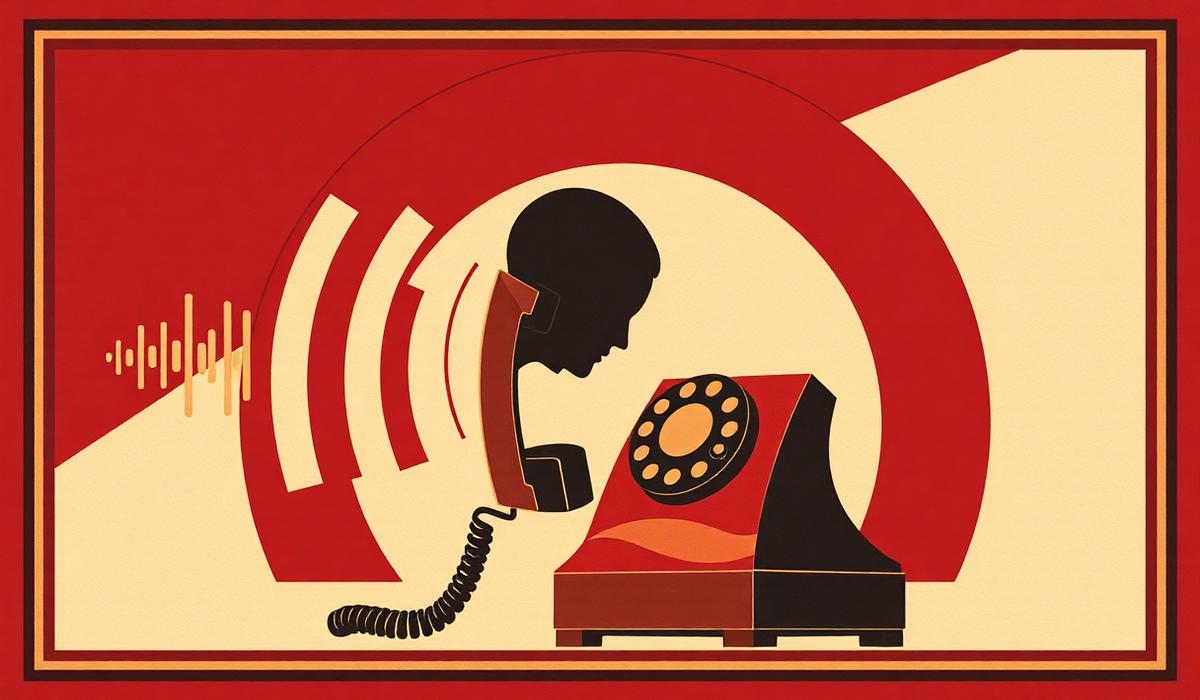 Illustration Art déco d'un agent vocal IA répondant au téléphone : ondes sonores et combiné ancien