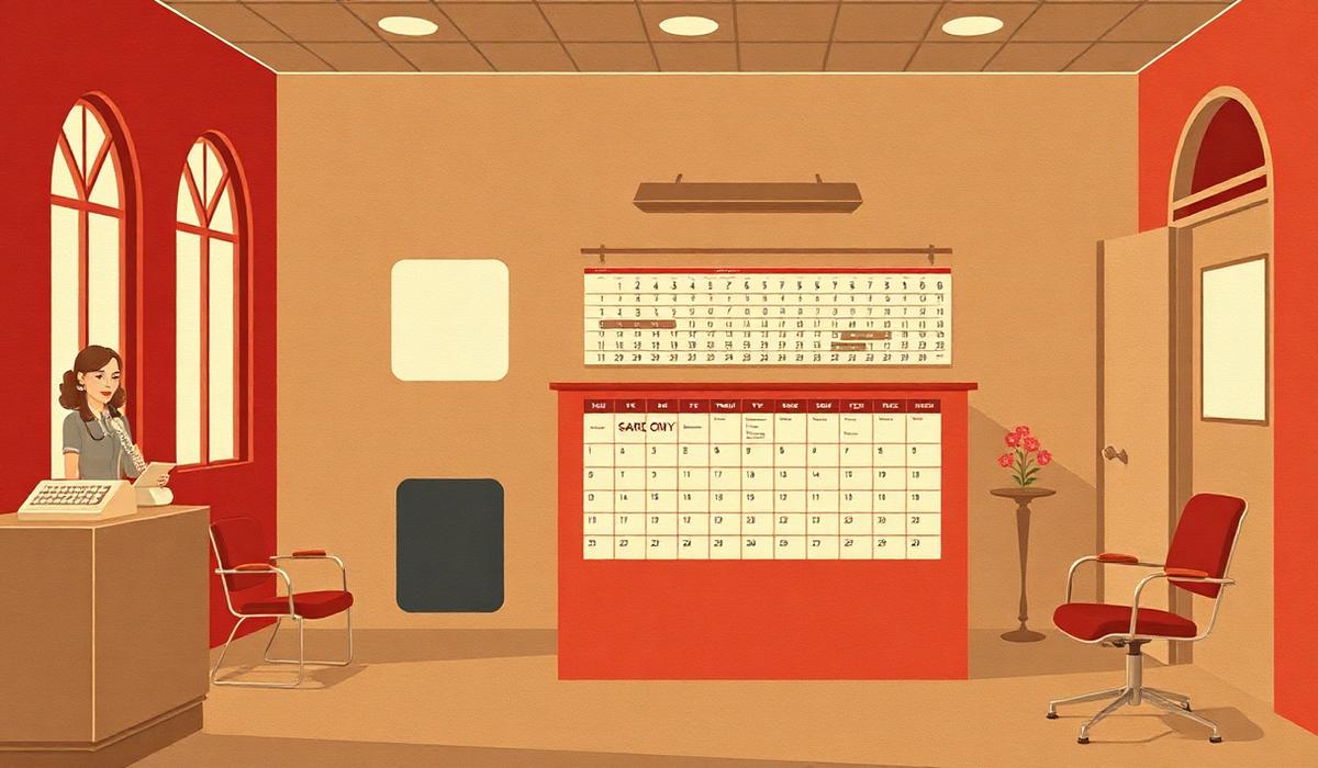 Illustration Art déco de l'accueil d'un cabinet médical : secrétaire au téléphone et planning de rendez-vous