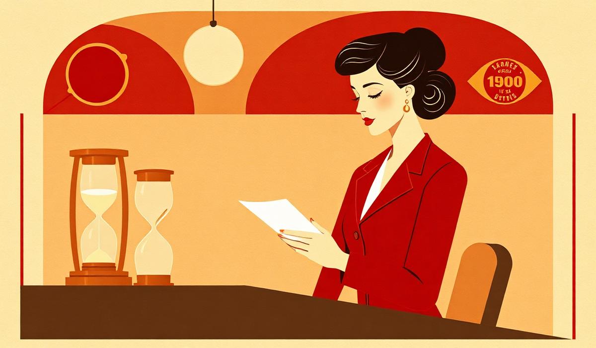 Illustration Art déco du traitement d'une réclamation : employée lisant une lettre de réclamation, sablier et cachet
