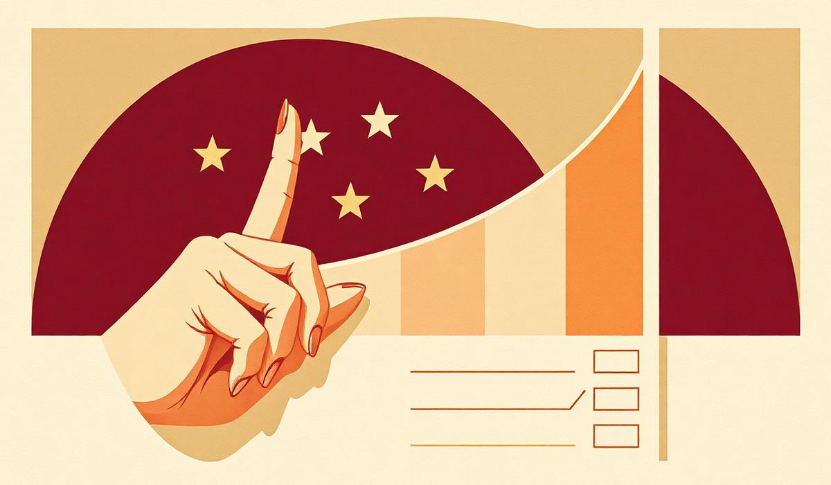Illustration Art déco d'une enquête de satisfaction : main notant une échelle d'étoiles et courbe ascendante