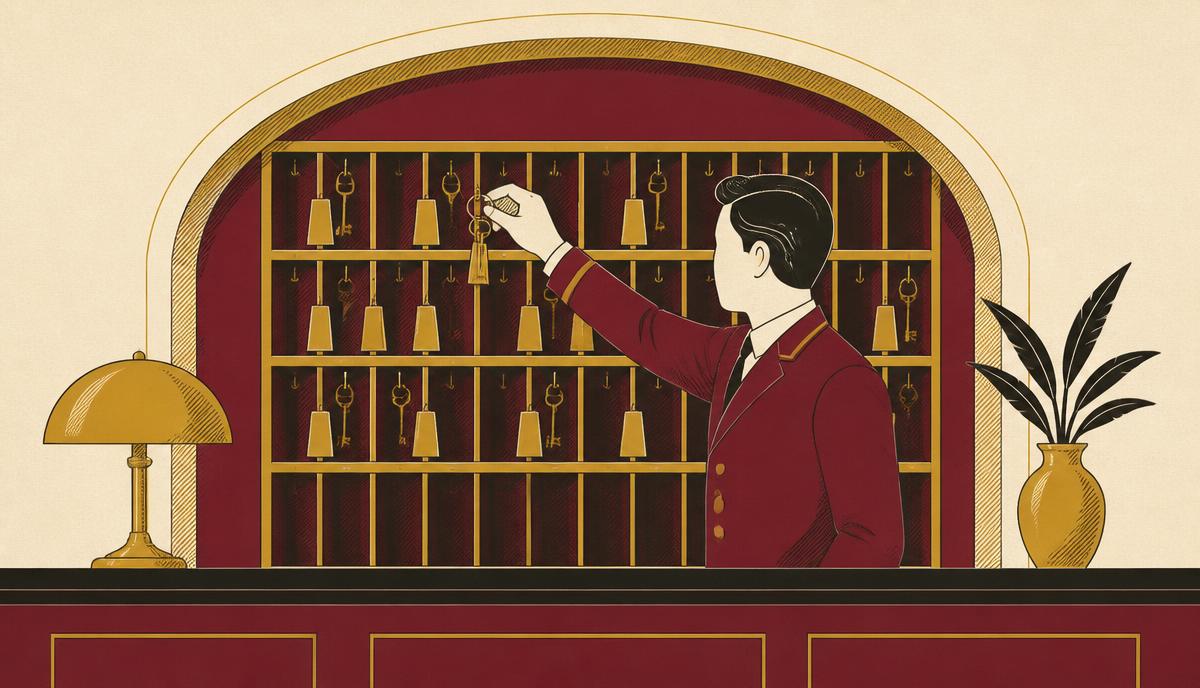 Illustration Art déco d'un comptoir d'accueil de PME : une collaboratrice reçoit un client, registre et sonnette de laiton